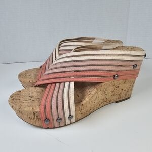 Lucky Brand Mykayla Nude Peach Criss Cross Slip On Cork Wedge Shoes